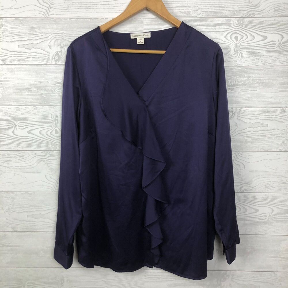 Coldwater Creek Women's 1X 16/18W Long Sleeve Ruffle Front V Neck Blouse Purple